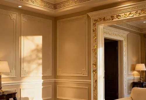 Классический интерьер с полиуретановой лепниной: декоративные молдинги, золотой орнамент и потолочный карниз с геометрическим рисунком