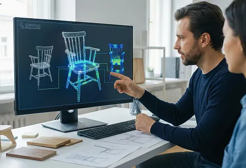 Дизайнер показывает на мониторе 3D-модель стула: нейросети STAVROS рассчитывают пропорции и эргономику