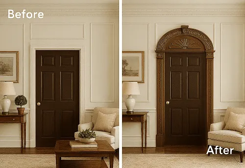 Угловые элементы декора для двери до и после установки