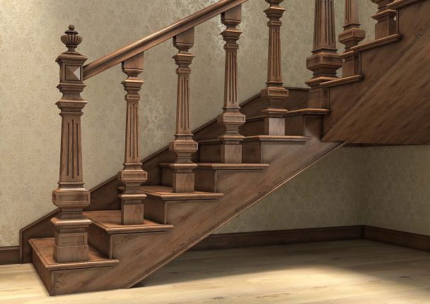 Визуал деревянной лестницы с резными столбами