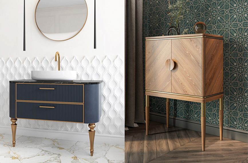 Тумба KMD-026 с современным декором, включая ручки Duet HL-018.1 и ножки MN-152.