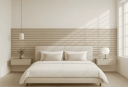 Рейка МДФ под покраску в интерьере светлой спальни