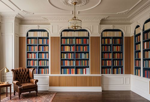 Лепной декор и деревянные рейки для домашней библиотеки: как оформить стену с книгами в едином стиле