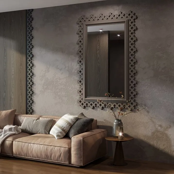 Рама для зеркала RM-056 в темном цвете в интерьере гостиной на фактурной стене