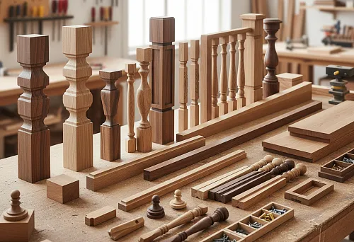 Деревянные комплектующие для лестниц — балясины, столбы, поручни и элементы крепления, разложенные на рабочем столе столярной мастерской