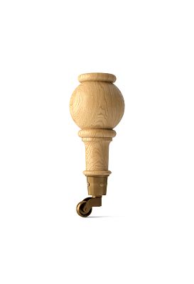 Точеная мебельная ножка из массива дерева, оснащенная металлическим наконечником с колесиком  Цвет наконечника — античная бронза
