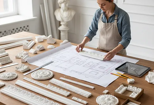 Дизайнер работает над планом комнаты, подбирая комплект лепнины из различных профилей, розеток и декоративных элементов, разложенных на большом столе.