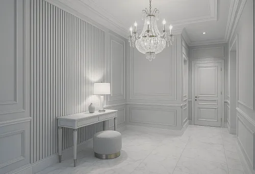 Интерьер с рейками МДФ 40×40 на стене в светлой прихожей