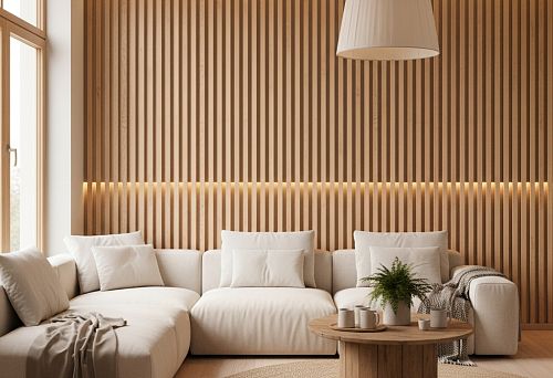 Современный интерьер гостиной с декоративными рейками на стене