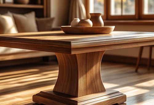 Деревянное подстолье массивной формы с плавными изгибами, установленное в современной гостиной.