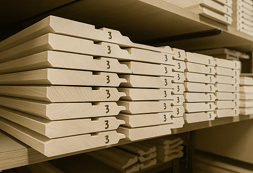 Крупный план торцов деревянных плинтусов с фрезеровкой и маркировкой