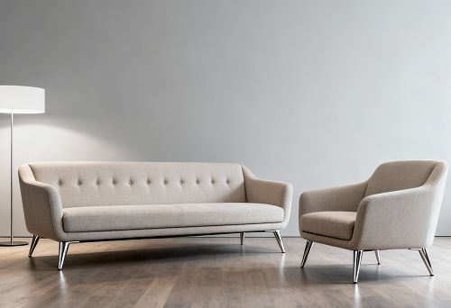 Бежевый диван и кресло в минималистичном интерьере с деревянным полом