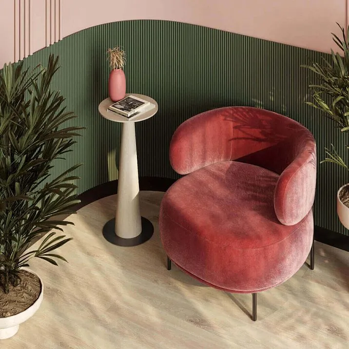 Реечная панель PAN-002 зелёного цвета, фрагмент декоративной стены с вертикальными рейками и мебелью