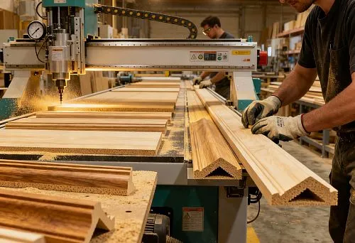 Производственный процесс STAVROS: обработка деревянных профилей на станке.
