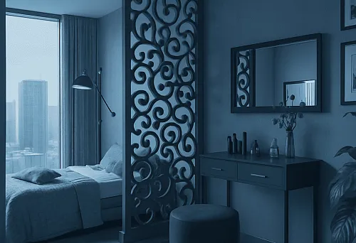 Спальня с дизайнерской перегородкой и современной мебелью