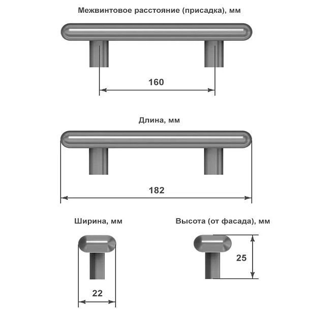 Схема с указанием размеров ручки-скобы для мебели: длина 182 мм, ширина 22 мм, высота 25 мм, расстояние между крепежными отверстиями 160 м