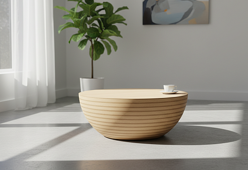 Современное подстолье для стола в виде низкой округлой деревянной конструкции с гладкой поверхностью