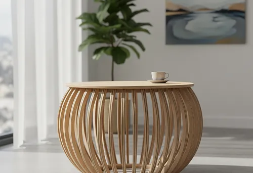 Современное подстолье для стола в виде округлой деревянной конструкции с вертикальными ламелями