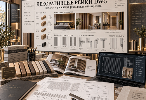 Декоративные рейки DWG: чертежи и раскладка реек для дизайн-проекта