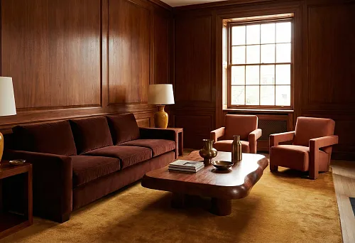 интерьер в теплых оттенках махагони с мягкой мебелью