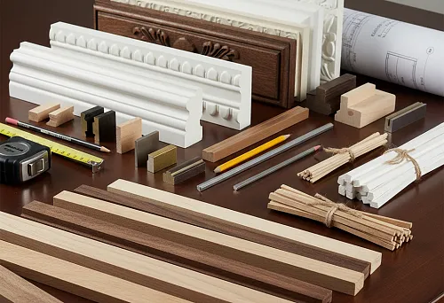Профессиональный комплект отделочных элементов, включающий деревянные рейки, штапики, молдинги и декоративные профили разных размеров и материалов, разложенные на рабочем столе.