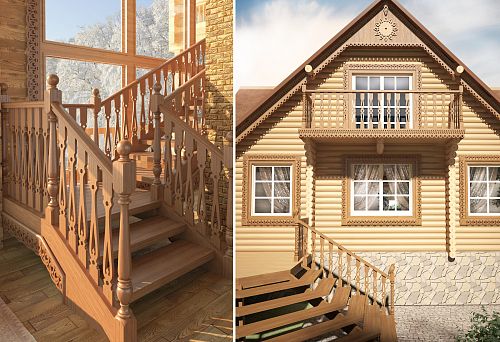 Деревянная лестница с резными балясинами внутри дома