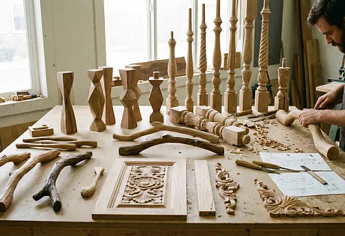 мастерская с деревянными балясинами, ручками и резными элементами ручной работы