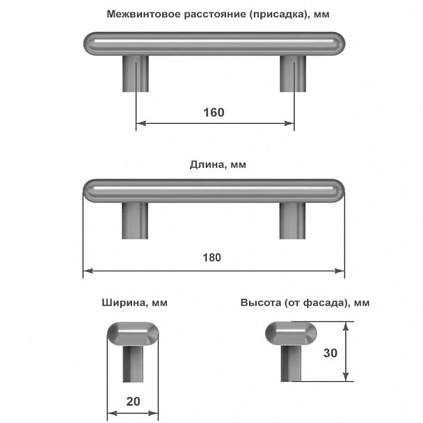 Схема с указанием размеров ручки-скобы для мебели: длина 180 мм, ширина 20 мм, высота 30 мм, расстояние между крепежными отверстиями 160 мм