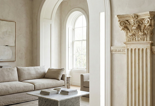 Капитель и пилястра в интерьере гостиной: классическая отделка стены и ордерный декор