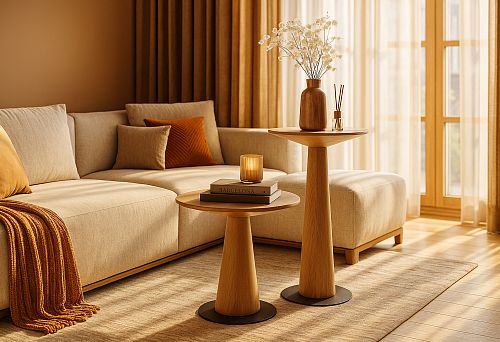 Современный уютный интерьер с диваном, деревянными столиками и мягким светом из окна