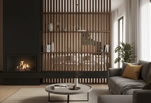 Современная гостиная с деревянными рейками, камином и уютным интерьером