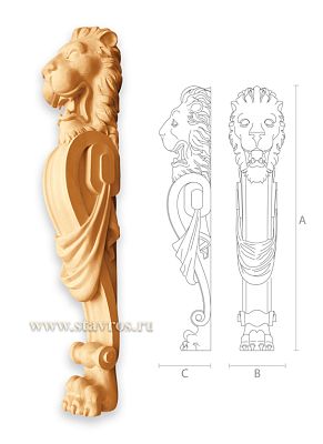 Столб резной деревянный L-012 с маской льва — роскошное украшение для лестниц  Изделие по своей форме напоминает кронштейн, а значит, может использоваться еще и в интерьерах, и некоторых предметах мебели
