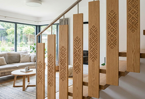 Плоские деревянные балясины с резным славянским орнаментом в светлом интерьере