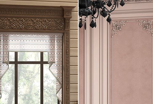 Резной деревянный наличник на окне в русском стиле загородного дома