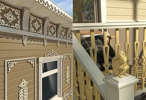 Интерьер загородного дома с резными элементами фасада в русском стиле.