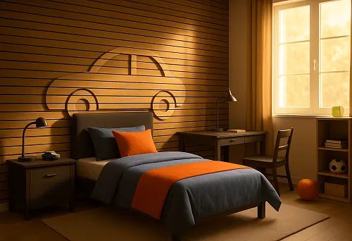 Интерьер спальни с декоративными рейками МДФ на стене