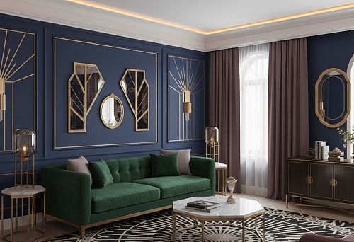 Современная гостиная с потолочным карнизом для подсветки, создающим мягкие световые линии по периметру потолка.