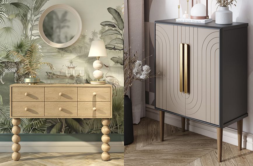 Идеи оформления комодов, тумб KMD-033 с элегантными мебельными ручками и ножками.