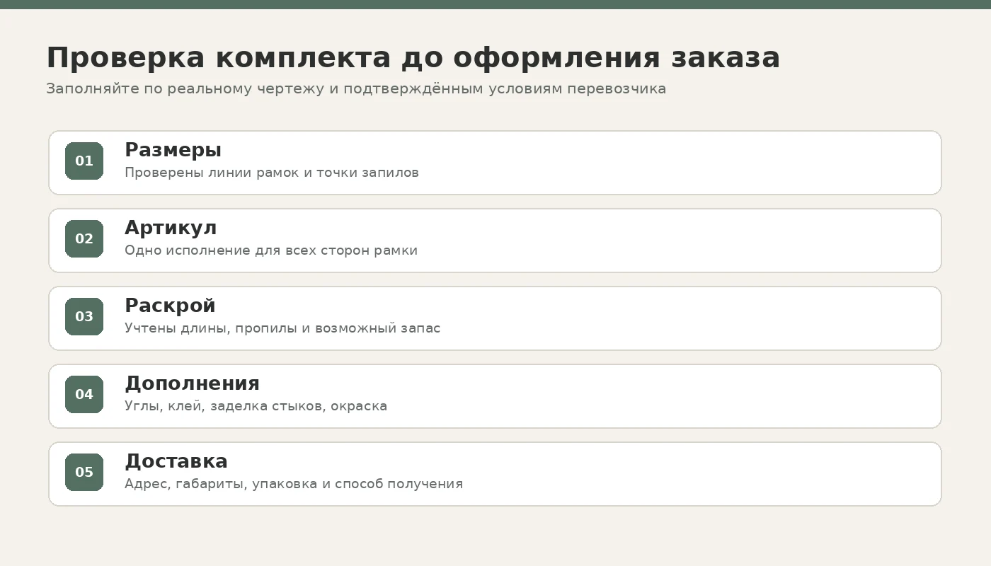 Проверочный список комплектации молдингов, углов, расходников и доставки