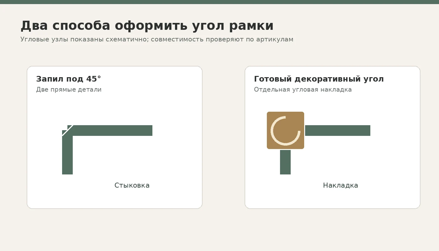 Сравнение запила молдинга под сорок пять градусов и готового декоративного угла