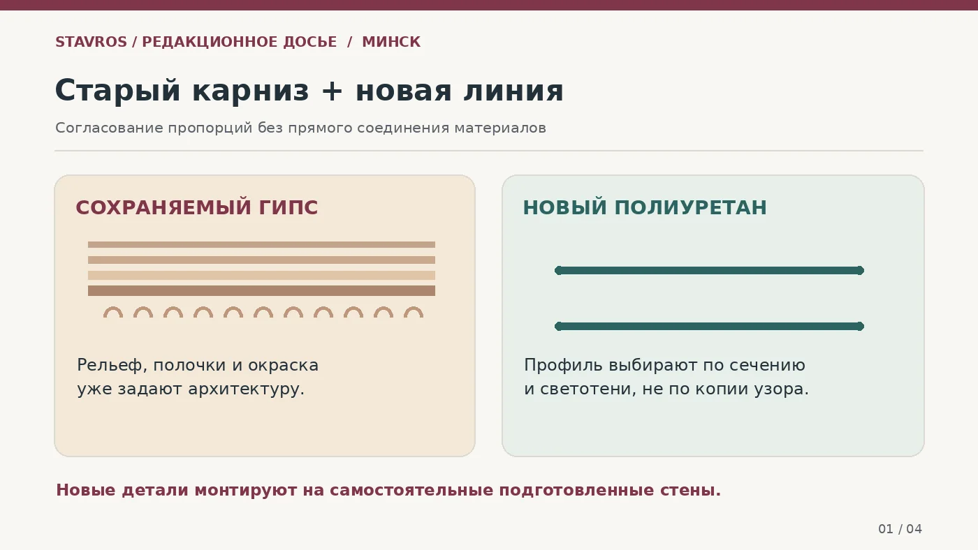 Схема сравнения старого гипсового карниза и новых полиуретановых настенных линий без прямого монтажного соединения