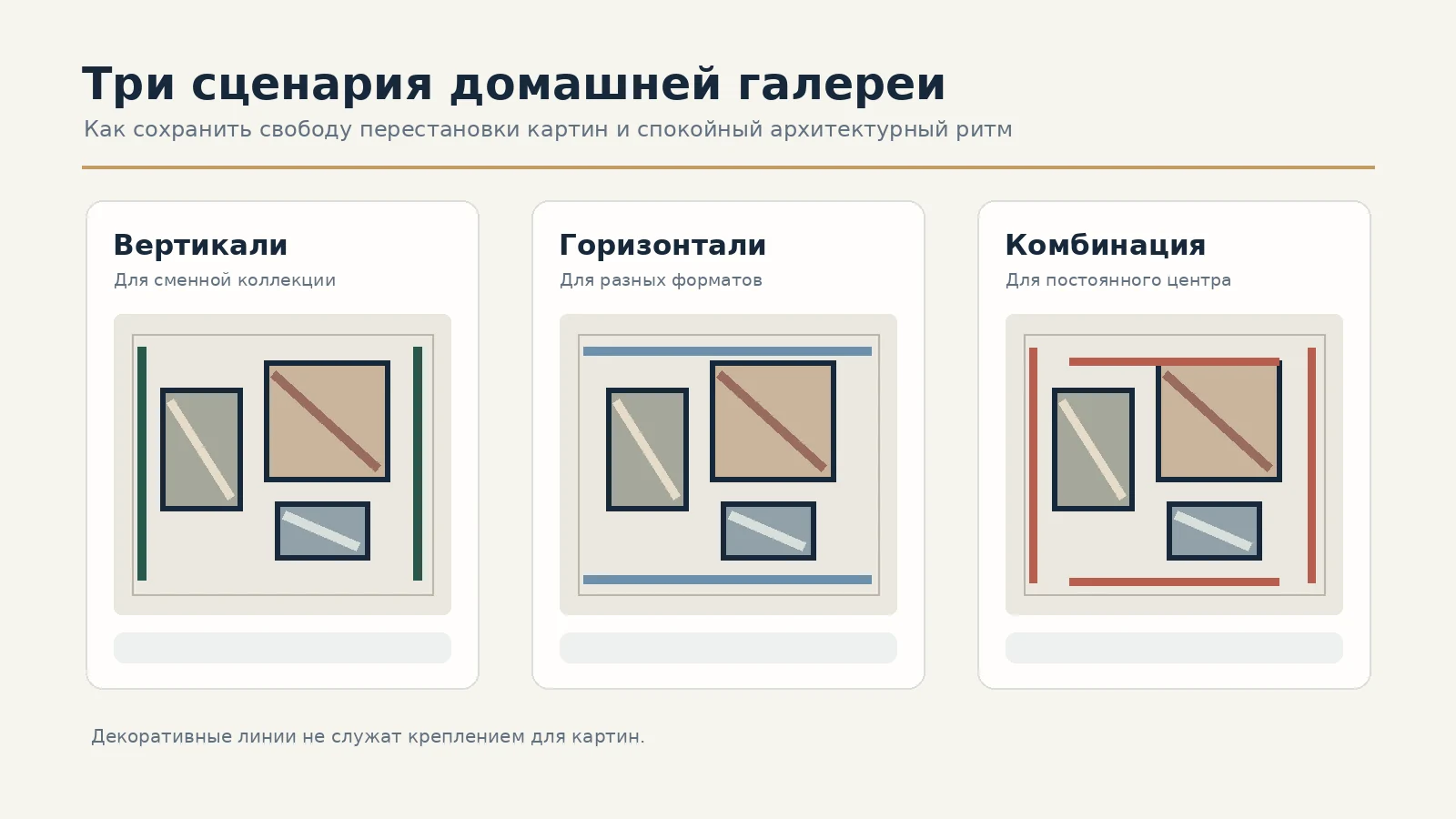 Три схемы галерейной стены: отдельные вертикальные линии, горизонтальные акценты и комбинированная композиция
