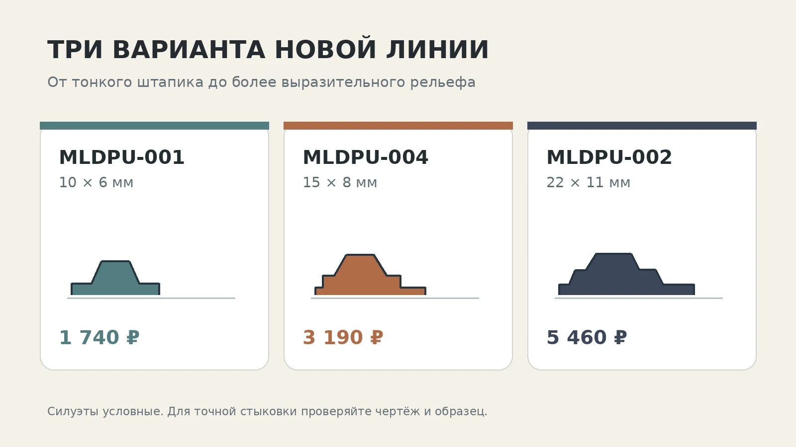 Условное сравнительное изображение трёх сечений STAVROS MLDPU-001, MLDPU-004 и MLDPU-002 с размерами и ценами