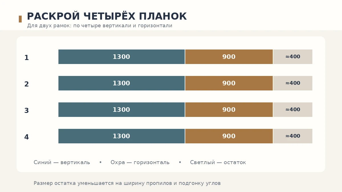 Схема раскроя четырёх молдингов длиной 2600 мм на восемь прямых частей для двух рамок