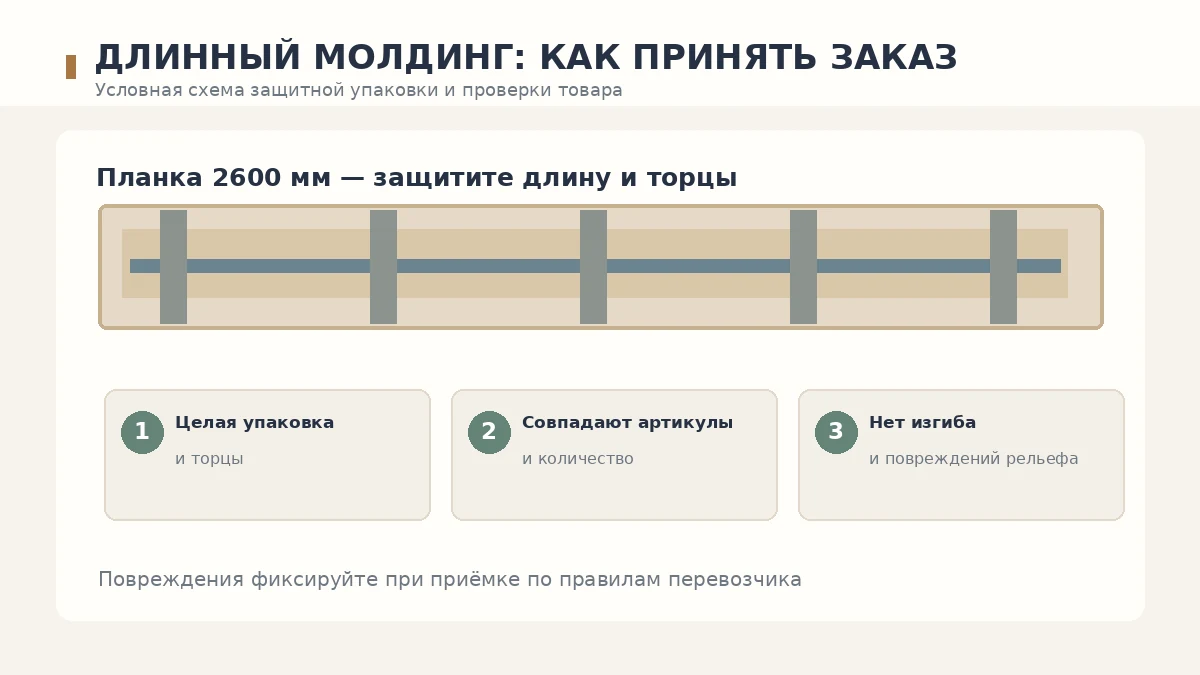 Схема проверки упаковки длинного молдинга перед отправкой и при получении