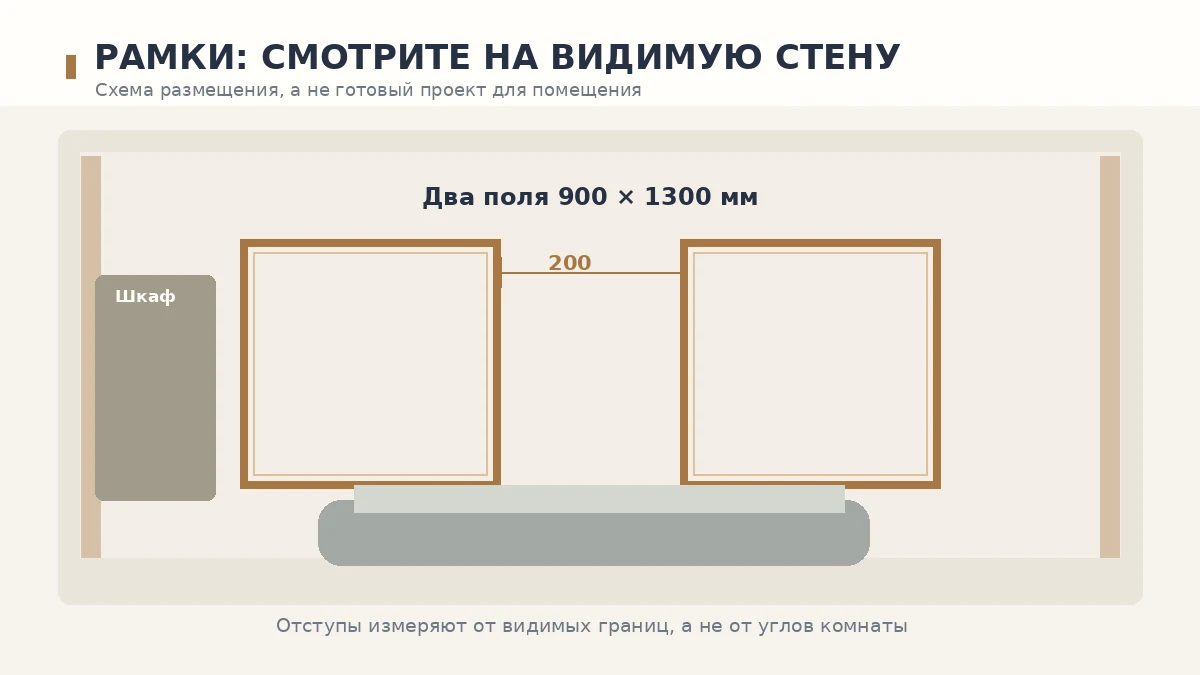 Схематичная стена гостиной с двумя молдинговыми рамками и обозначенными отступами от мебели
